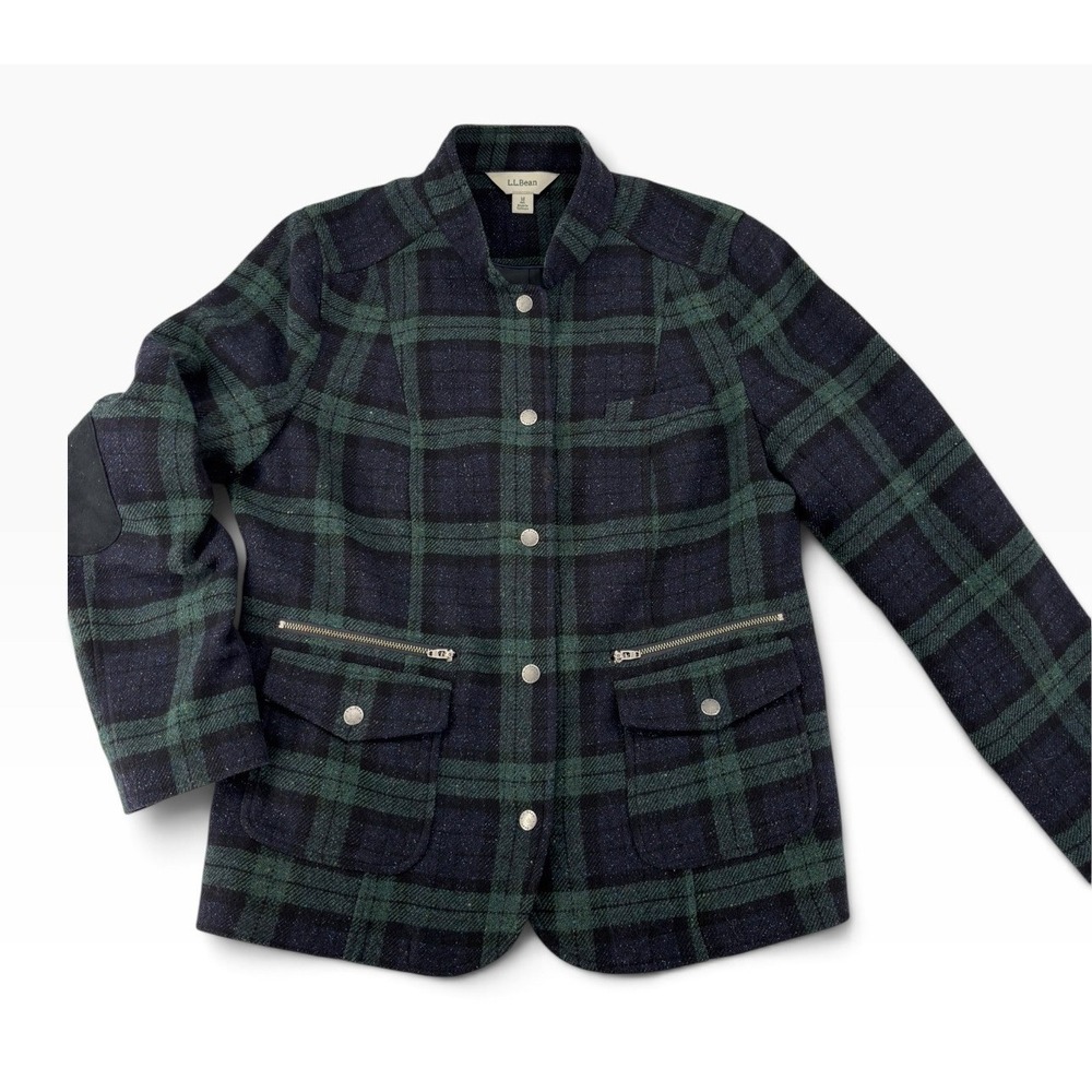 LL Bean Stonington Jacket Womens Medium Black Watch Plaid Wool Silk Elbow Patch